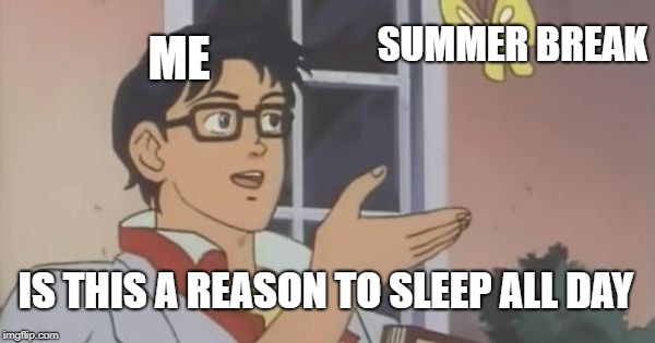 Is This a Pigeon | SUMMER BREAK; ME; IS THIS A REASON TO SLEEP ALL DAY | image tagged in is this a pigeon | made w/ Imgflip meme maker