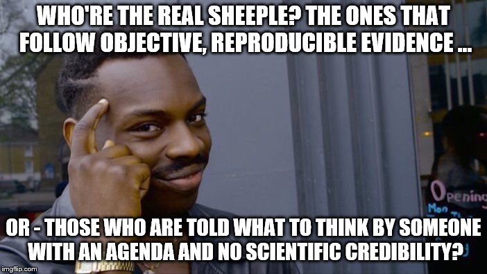 Roll Safe Think About It Meme | WHO'RE THE REAL SHEEPLE? THE ONES THAT FOLLOW OBJECTIVE, REPRODUCIBLE EVIDENCE ... OR - THOSE WHO ARE TOLD WHAT TO THINK BY SOMEONE WITH AN AGENDA AND NO SCIENTIFIC CREDIBILITY? | image tagged in memes,roll safe think about it | made w/ Imgflip meme maker