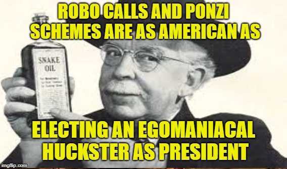 A July 4th Thought | ROBO CALLS AND PONZI SCHEMES ARE AS AMERICAN AS; ELECTING AN EGOMANIACAL HUCKSTER AS PRESIDENT | image tagged in trump,fraud,con,scam | made w/ Imgflip meme maker