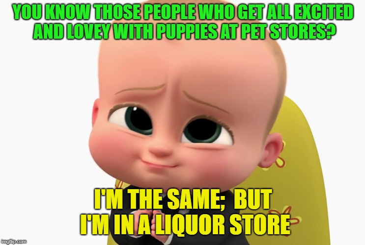 AWE SO Cute! | YOU KNOW THOSE PEOPLE WHO GET ALL EXCITED AND LOVEY WITH PUPPIES AT PET STORES? I'M THE SAME;  BUT I'M IN A LIQUOR STORE | image tagged in memes,funny,liquor store,cute puppies | made w/ Imgflip meme maker