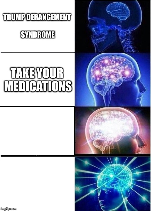 Expanding Brain Meme | TRUMP DERANGEMENT SYNDROME; TAKE YOUR MEDICATIONS | image tagged in memes,expanding brain | made w/ Imgflip meme maker