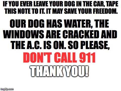PLEASE take my advice, print this out and USE IT! | IF YOU EVER LEAVE YOUR DOG IN THE CAR, TAPE THIS NOTE TO IT. IT MAY SAVE YOUR FREEDOM. OUR DOG HAS WATER, THE WINDOWS ARE CRACKED AND THE A.C. IS ON. SO PLEASE, DON'T CALL 911; THANK YOU! | image tagged in memes,funny,dogs,cars | made w/ Imgflip meme maker