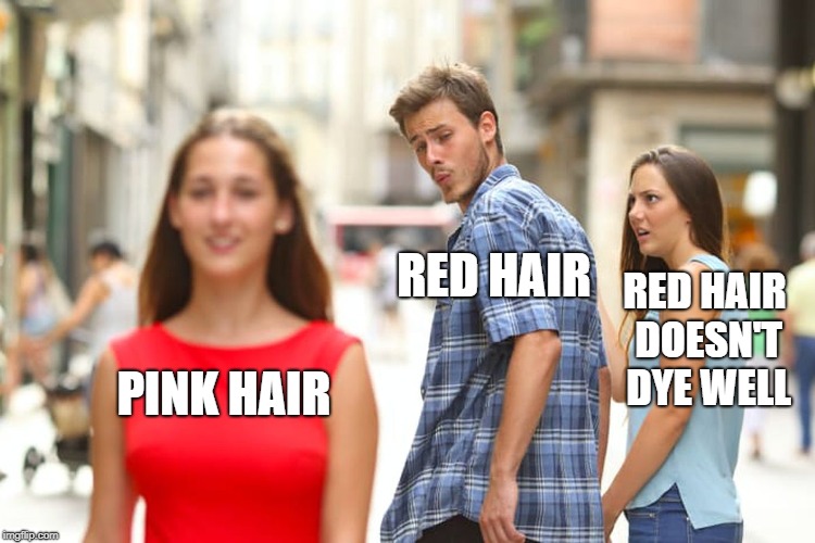 This is Why I Can't Have Pink Hair | RED HAIR; RED HAIR DOESN'T DYE WELL; PINK HAIR | image tagged in memes,distracted boyfriend,hair | made w/ Imgflip meme maker