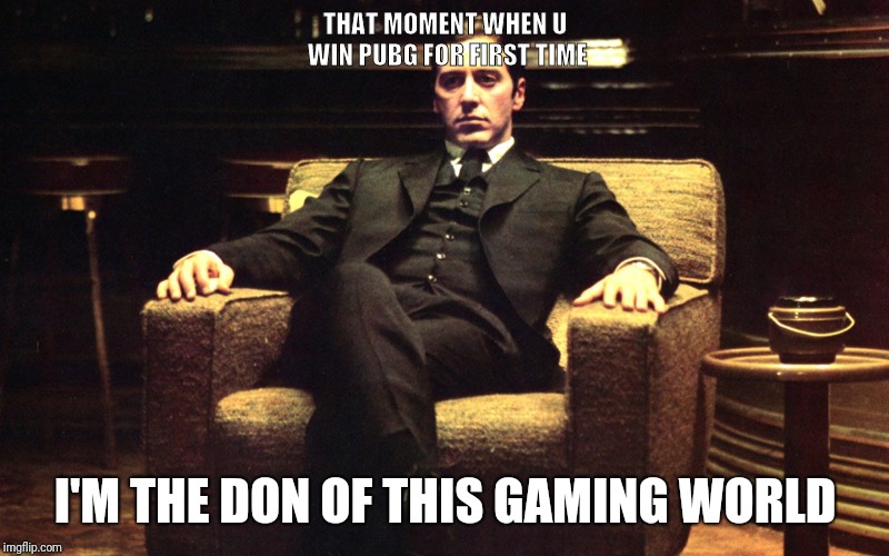 Don Michael Corleone | THAT MOMENT WHEN U WIN PUBG FOR FIRST TIME; I'M THE DON OF THIS GAMING WORLD | image tagged in don michael corleone | made w/ Imgflip meme maker