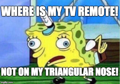 Mocking Spongebob Meme | WHERE IS MY TV REMOTE! NOT ON MY TRIANGULAR NOSE! | image tagged in memes,mocking spongebob | made w/ Imgflip meme maker