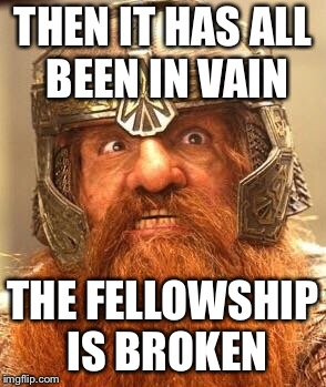 Gimli Knew Meme | THEN IT HAS ALL BEEN IN VAIN; THE FELLOWSHIP IS BROKEN | image tagged in gimli knew meme | made w/ Imgflip meme maker