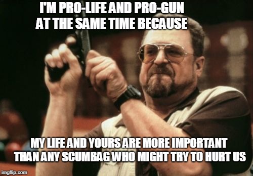 Am I The Only One Around Here Meme | I'M PRO-LIFE AND PRO-GUN AT THE SAME TIME BECAUSE MY LIFE AND YOURS ARE MORE IMPORTANT THAN ANY SCUMBAG WHO MIGHT TRY TO HURT US | image tagged in memes,am i the only one around here | made w/ Imgflip meme maker