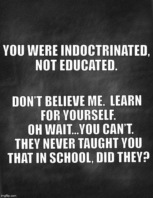 black blank | YOU WERE INDOCTRINATED, NOT EDUCATED. DON’T BELIEVE ME.

LEARN FOR YOURSELF. 

OH WAIT...YOU CAN’T. THEY NEVER TAUGHT YOU THAT IN SCHOOL, DID THEY? | image tagged in black blank | made w/ Imgflip meme maker