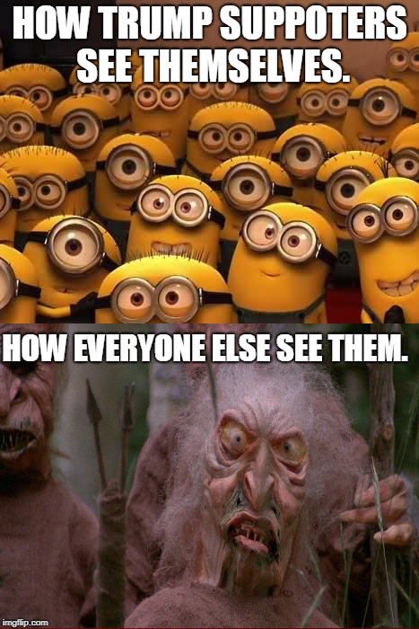 minions | HOW TRUMP SUPPOTERS SEE THEMSELVES. HOW EVERYONE ELSE SEE THEM. | image tagged in minions | made w/ Imgflip meme maker
