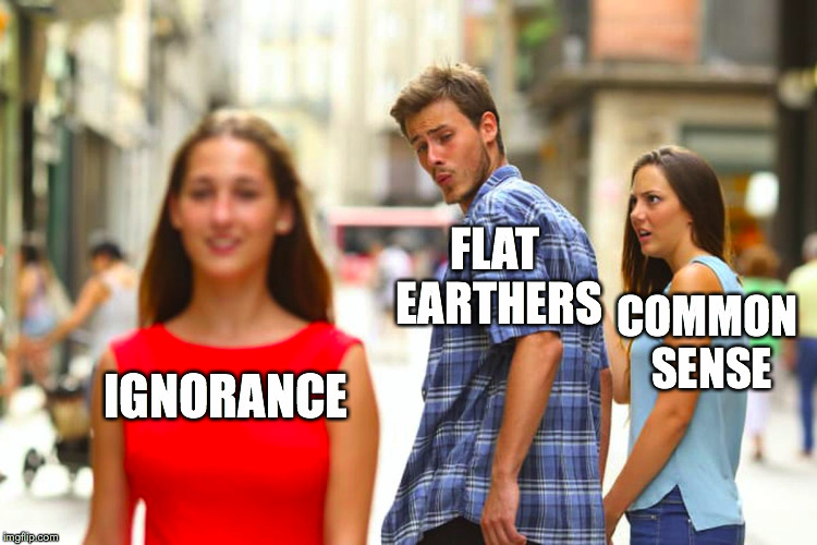 Distracted Boyfriend Meme | IGNORANCE FLAT EARTHERS COMMON SENSE | image tagged in memes,distracted boyfriend | made w/ Imgflip meme maker
