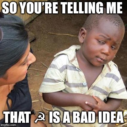 Say what you want  | SO YOU’RE TELLING ME; THAT ☭ IS A BAD IDEA | image tagged in memes,third world skeptical kid,communism,political meme | made w/ Imgflip meme maker