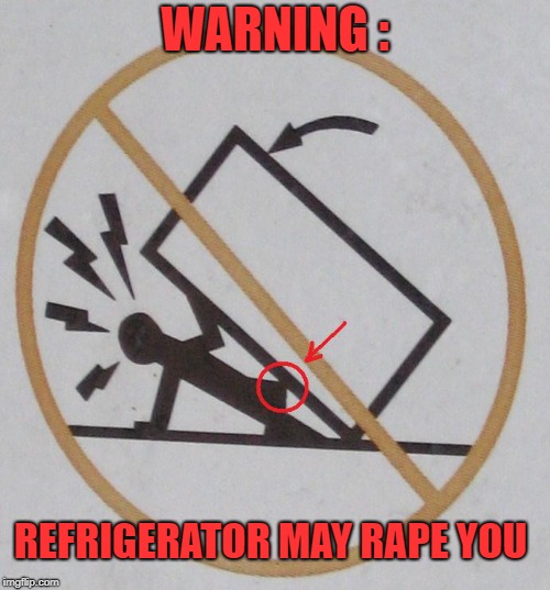 Appliance Compliance  | WARNING :; REFRIGERATOR MAY RAPE YOU | image tagged in funny memes,refrigerator,romance,assault,stupid stuff | made w/ Imgflip meme maker