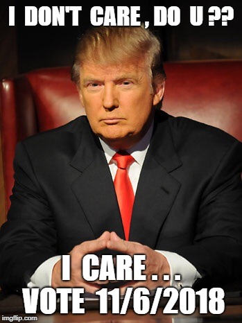 Donald trump | I  DON'T  CARE , DO  U ?? I  CARE . . . VOTE  11/6/2018 | image tagged in donald trump | made w/ Imgflip meme maker