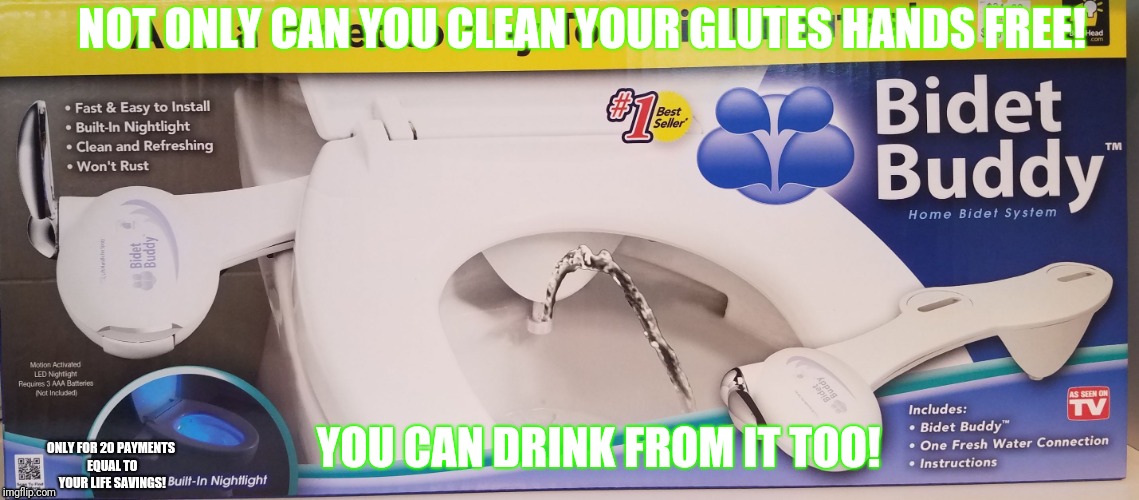 Hey look another useful toilet item | NOT ONLY CAN YOU CLEAN YOUR GLUTES HANDS FREE! YOU CAN DRINK FROM IT TOO! ONLY FOR 20 PAYMENTS EQUAL TO YOUR LIFE SAVINGS! | image tagged in toilet,water,fountain,tv ads,memes,funny | made w/ Imgflip meme maker