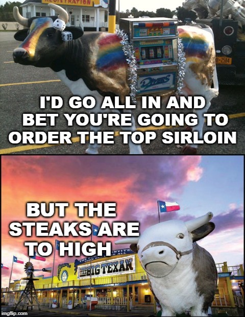 cash cow | I'D GO ALL IN AND BET YOU'RE GOING TO ORDER THE TOP SIRLOIN; BUT THE STEAKS ARE TO HIGH | image tagged in bad pun cow,cows,memes,funny,texas | made w/ Imgflip meme maker