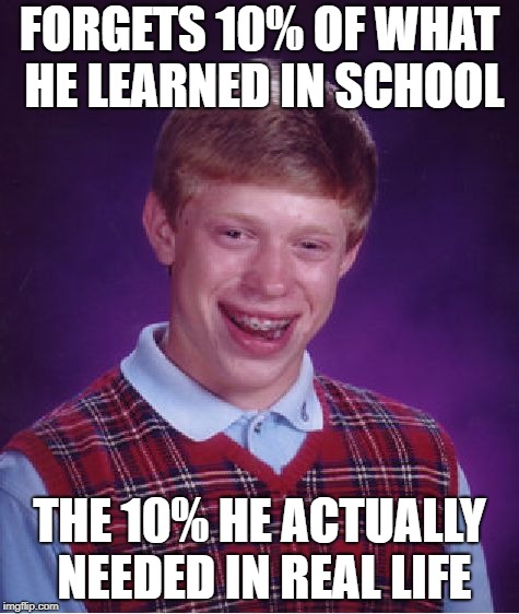 Bad Luck Brian Meme | FORGETS 10% OF WHAT HE LEARNED IN SCHOOL; THE 10% HE ACTUALLY NEEDED IN REAL LIFE | image tagged in memes,bad luck brian | made w/ Imgflip meme maker