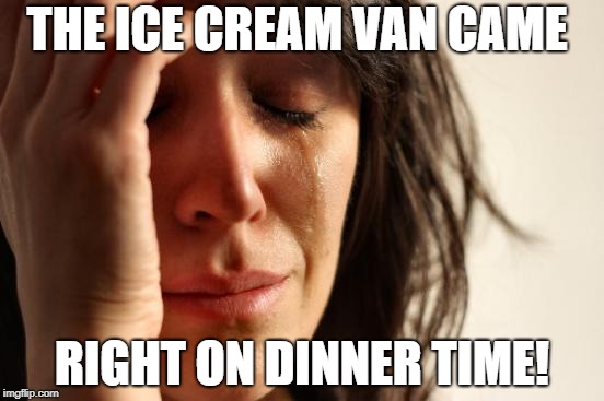 First World Problems Meme | THE ICE CREAM VAN CAME RIGHT ON DINNER TIME! | image tagged in memes,first world problems | made w/ Imgflip meme maker