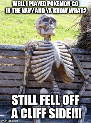 Waiting Skeleton Meme | WELL I PLAYED POKEMON GO IN THE NAVY AND YA KNOW WHAT? STILL FELL OFF A CLIFF SIDE!!! | image tagged in memes,waiting skeleton | made w/ Imgflip meme maker