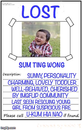 REWARD IF FOUND | LOST; SUM TING WONG; SUNNY, PERSONALITY; CHARMING, LOVELY TODDLER; WELL-BEHAVED, CHERISHED; BY IMGFLIP COMMUNITY; LAST SEEN RESCUING YOUNG GIRL FROM SUSPICIOUS FIRE; U-KUM HIA NAO; SSSSSSSSSSSSS | image tagged in evil toddler,lost | made w/ Imgflip meme maker