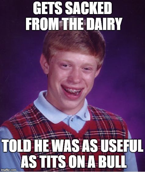 Bad Luck Brian Meme | GETS SACKED FROM THE DAIRY TOLD HE WAS AS USEFUL AS TITS ON A BULL | image tagged in memes,bad luck brian | made w/ Imgflip meme maker