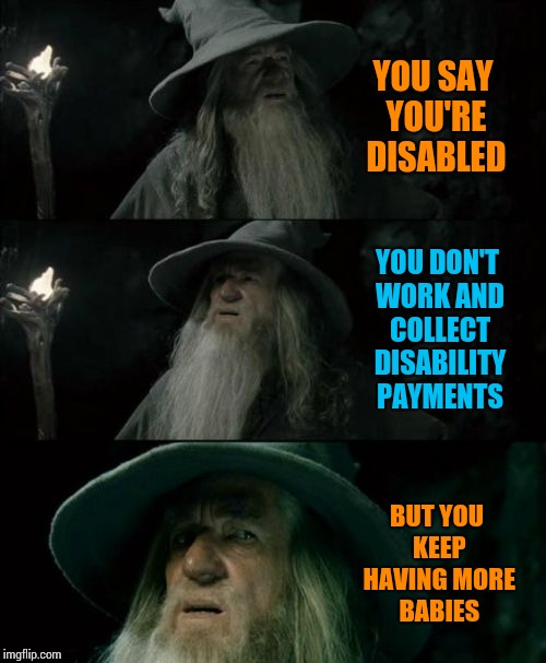 I'm confused.  | YOU SAY YOU'RE DISABLED; YOU DON'T WORK AND COLLECT DISABILITY PAYMENTS; BUT YOU KEEP HAVING MORE BABIES | image tagged in memes,confused gandalf | made w/ Imgflip meme maker
