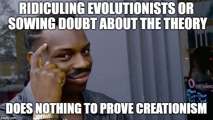 Roll Safe Think About It Meme | RIDICULING EVOLUTIONISTS OR SOWING DOUBT ABOUT THE THEORY DOES NOTHING TO PROVE CREATIONISM | image tagged in memes,roll safe think about it | made w/ Imgflip meme maker
