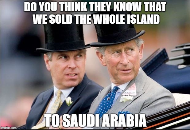 Charles worries | DO YOU THINK THEY KNOW THAT WE SOLD THE WHOLE ISLAND; TO SAUDI ARABIA | image tagged in charles,uk,islam,saudi arabia,tommy robinson,prince charles | made w/ Imgflip meme maker