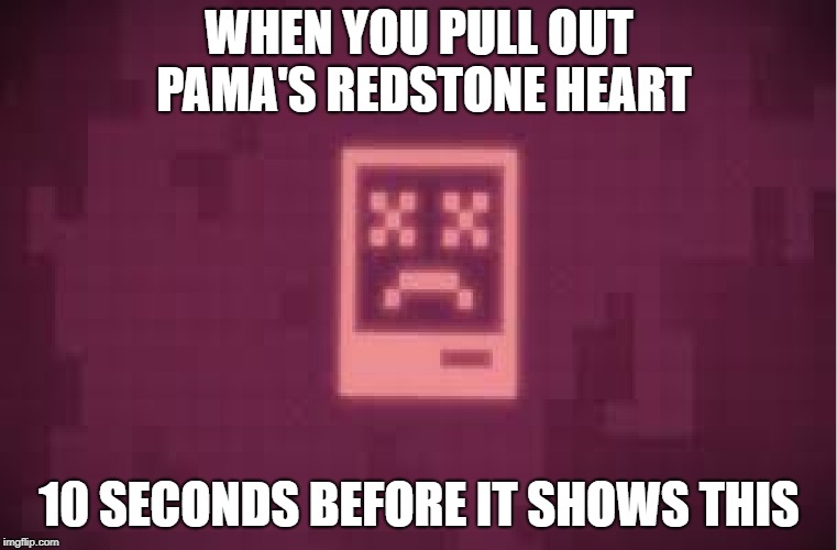 When you pull out PAMA's redstone heart | WHEN YOU PULL OUT PAMA'S REDSTONE HEART; 10 SECONDS BEFORE IT SHOWS THIS | image tagged in minecraft | made w/ Imgflip meme maker