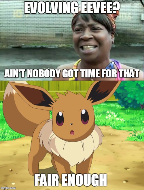 Evolving Eevee? Ain't Nobody Got Time For That! | EVOLVING EEVEE? AIN'T NOBODY GOT TIME FOR THAT; FAIR ENOUGH | image tagged in ain't nobody got time for that,sweet brown,eevee | made w/ Imgflip meme maker