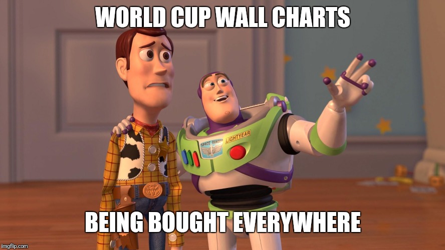 Woody and Buzz Lightyear Everywhere Widescreen | WORLD CUP WALL CHARTS; BEING BOUGHT EVERYWHERE | image tagged in woody and buzz lightyear everywhere widescreen | made w/ Imgflip meme maker