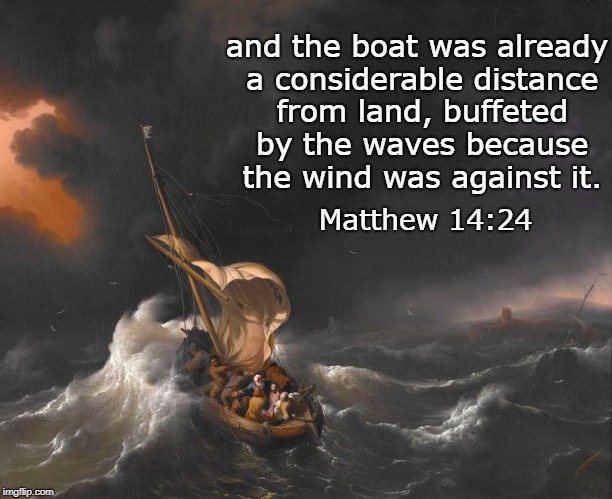 and the boat was already a considerable distance from land, buffeted by the waves because the wind was against it. Matthew 14:24 | made w/ Imgflip meme maker