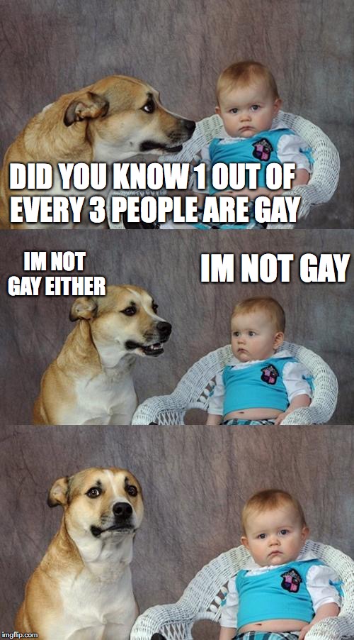 Dad Joke Dog Meme | DID YOU KNOW 1 OUT OF EVERY 3 PEOPLE ARE GAY; IM NOT GAY EITHER; IM NOT GAY | image tagged in memes,dad joke dog | made w/ Imgflip meme maker