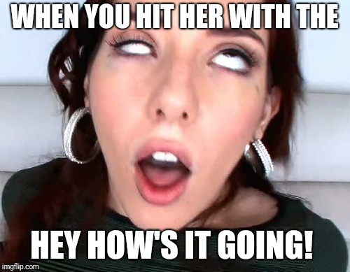 Turned on face | WHEN YOU HIT HER WITH THE; HEY HOW'S IT GOING! | image tagged in turned on face | made w/ Imgflip meme maker
