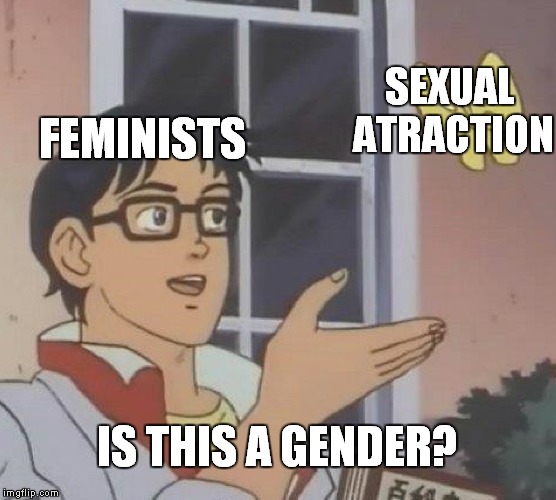 Is This A Pigeon Meme | SEXUAL ATRACTION; FEMINISTS; IS THIS A GENDER? | image tagged in memes,is this a pigeon | made w/ Imgflip meme maker
