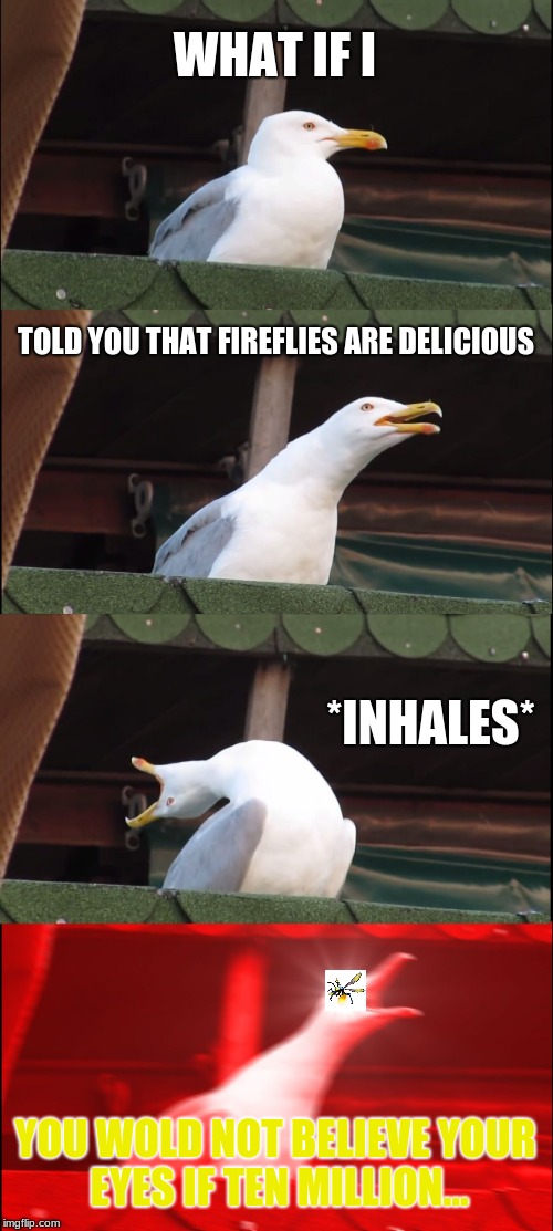 Inhaling Seagull | WHAT IF I; TOLD YOU THAT FIREFLIES ARE DELICIOUS; *INHALES*; YOU WOLD NOT BELIEVE YOUR EYES IF TEN MILLION... | image tagged in memes,inhaling seagull | made w/ Imgflip meme maker