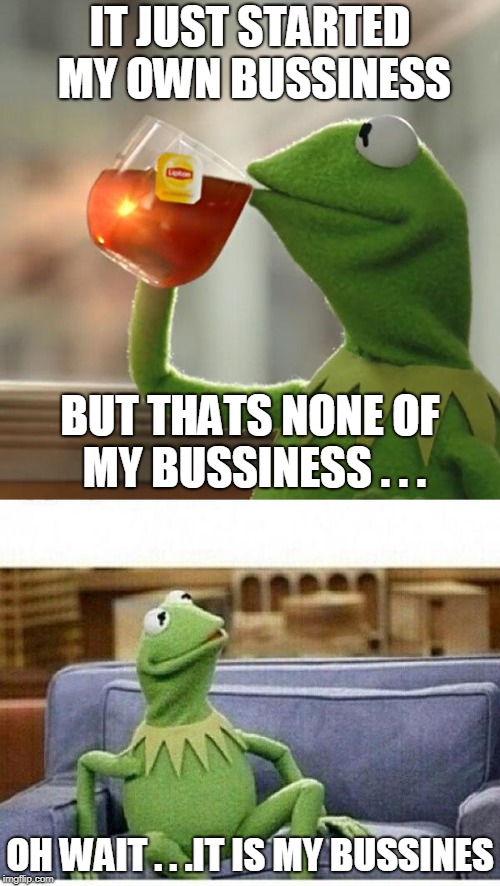 kermit couch | IT JUST STARTED MY OWN BUSSINESS; BUT THATS NONE OF MY BUSSINESS . . . OH WAIT . . .IT IS MY BUSSINES | image tagged in kermit the frog,couch | made w/ Imgflip meme maker