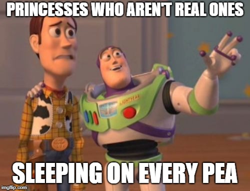 Fake Princesses | PRINCESSES WHO AREN'T REAL ONES; SLEEPING ON EVERY PEA | image tagged in memes,x x everywhere,toy story,princess | made w/ Imgflip meme maker
