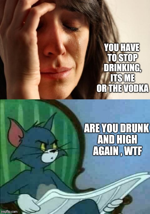 Drinks more than I do amongst other recreational meds | YOU HAVE TO STOP DRINKING, ITS ME OR THE VODKA; ARE YOU DRUNK AND HIGH AGAIN , WTF | image tagged in wtf,messed up | made w/ Imgflip meme maker