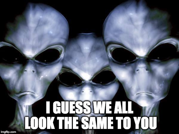 interstellar racism | I GUESS WE ALL LOOK THE SAME TO YOU | image tagged in grey aliens | made w/ Imgflip meme maker