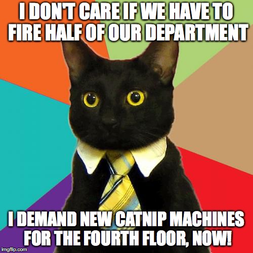 Just A Regular Day In the Office... | I DON'T CARE IF WE HAVE TO FIRE HALF OF OUR DEPARTMENT; I DEMAND NEW CATNIP MACHINES FOR THE FOURTH FLOOR, NOW! | image tagged in memes,business cat | made w/ Imgflip meme maker