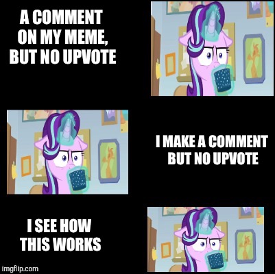 Let’s all try “Cocoa-lost Glimmer”, a WhyDoesItStaffBronyMemes template | A COMMENT ON MY MEME, BUT NO UPVOTE; I MAKE A COMMENT BUT NO UPVOTE; I SEE HOW THIS WORKS | image tagged in cocoa-lost glimmer,memes | made w/ Imgflip meme maker