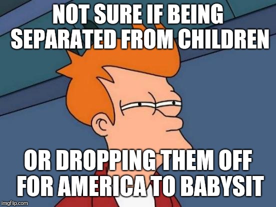 Very clever!  Very clever indeed! | NOT SURE IF BEING SEPARATED FROM CHILDREN; OR DROPPING THEM OFF FOR AMERICA TO BABYSIT | image tagged in memes,futurama fry,illegal immigration,illegal aliens | made w/ Imgflip meme maker