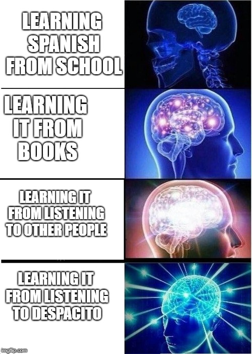 Expanding Brain Meme | LEARNING SPANISH FROM SCHOOL; LEARNING IT FROM BOOKS; LEARNING IT FROM LISTENING TO OTHER PEOPLE; LEARNING IT FROM LISTENING TO DESPACITO | image tagged in memes,expanding brain | made w/ Imgflip meme maker