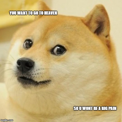 Doge Meme | YOU WANT TO GO TO HEAVEN; SO U WONT BE A BIG PAIN | image tagged in memes,doge | made w/ Imgflip meme maker