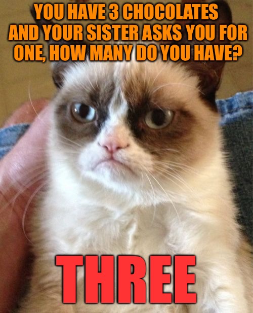 Grumpy Cat Meme | YOU HAVE 3 CHOCOLATES AND YOUR SISTER ASKS YOU FOR ONE, HOW MANY DO YOU HAVE? THREE | image tagged in memes,grumpy cat | made w/ Imgflip meme maker