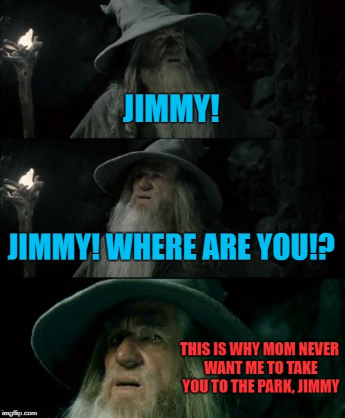 Confused Gandalf Meme | JIMMY! JIMMY! WHERE ARE YOU!? THIS IS WHY MOM NEVER WANT ME TO TAKE YOU TO THE PARK, JIMMY | image tagged in memes,confused gandalf | made w/ Imgflip meme maker