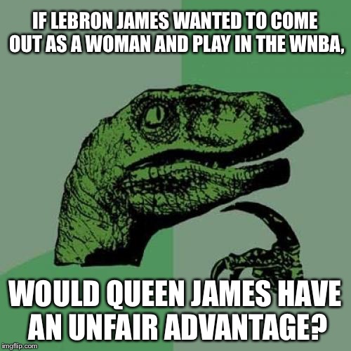 Queen James | IF LEBRON JAMES WANTED TO COME OUT AS A WOMAN AND PLAY IN THE WNBA, WOULD QUEEN JAMES HAVE AN UNFAIR ADVANTAGE? | image tagged in memes,philosoraptor,lebron james,basketball,battle of the sexes,transgender | made w/ Imgflip meme maker
