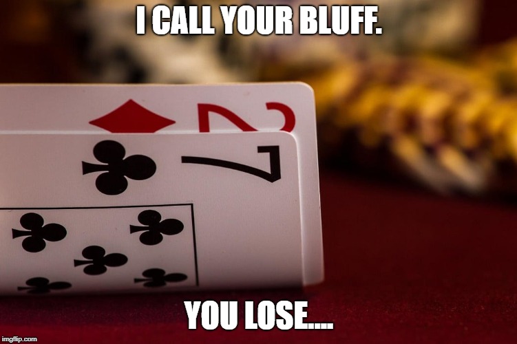 I CALL YOUR BLUFF. YOU LOSE.... | image tagged in poker,gambling,casino,all in | made w/ Imgflip meme maker
