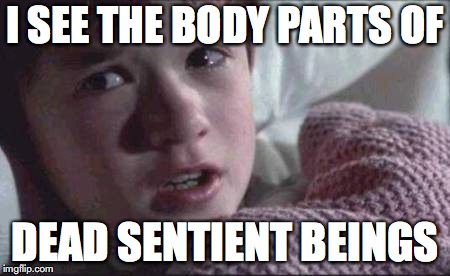 I See Dead People | I SEE THE BODY PARTS OF; DEAD SENTIENT BEINGS | image tagged in memes,i see dead people | made w/ Imgflip meme maker