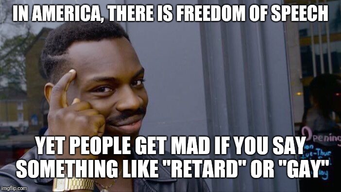 Roll Safe Think About It Meme | IN AMERICA, THERE IS FREEDOM OF SPEECH YET PEOPLE GET MAD IF YOU SAY SOMETHING LIKE "RETARD" OR "GAY" | image tagged in memes,roll safe think about it | made w/ Imgflip meme maker